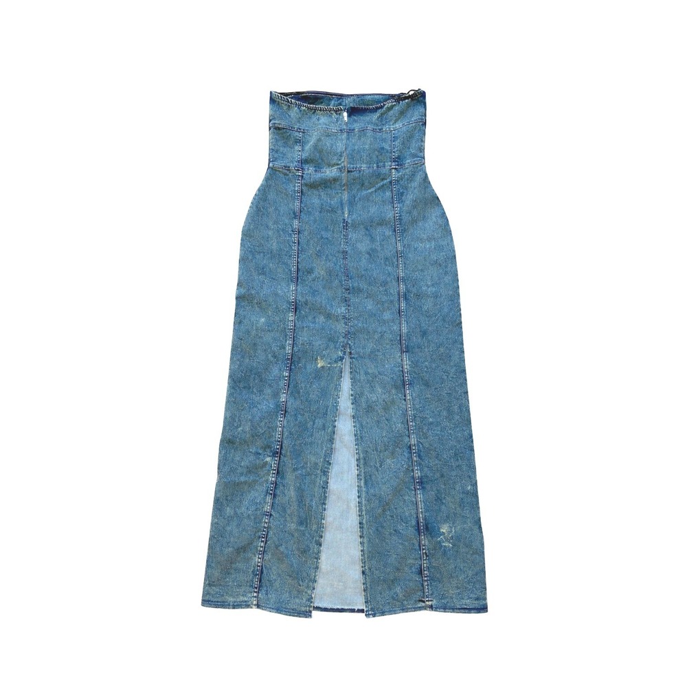 Womens Strapless Denim Maxi Dress XL Distressed Bodycon Corset Seam Back Slit - Picture 3 of 5